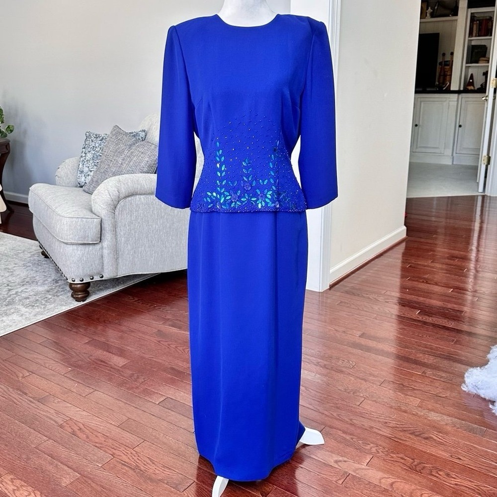 Vintage Donna Morgan Blue Beaded Embellished Long Sleeve Gown Dress Size 4